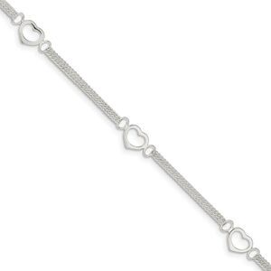 Double Chain Heart Anklet in Sterling Silver, 10 inch